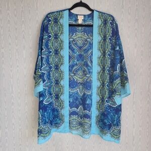 Chicos Kimono Cardigan Womens S/M Sheer Blue Green Resort Art To Wear Bohemian